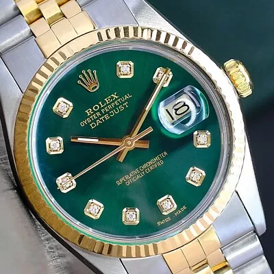 Rolex Mens Datejust Gold Steel Watch Green Dial Fluted  36mm 16013 With Papers • £5409.20