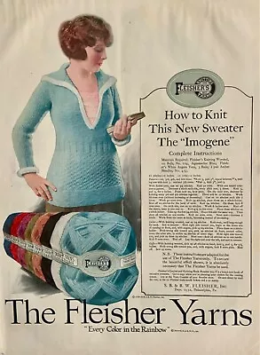 Vintage 1920 FLEISHER YARNS Crochet Knitting Colored Yarn - Print Ad • $10