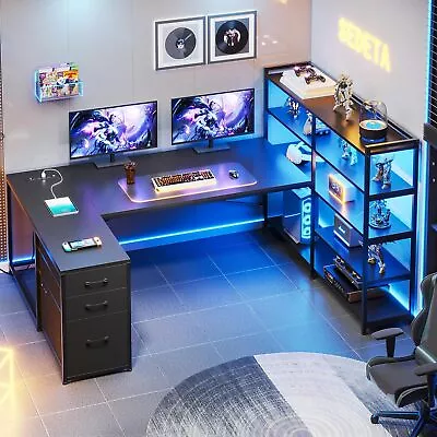 L Shaped Gaming Desk Reversible Corner Computer Desk With 5 Storage Shelves • $179.99