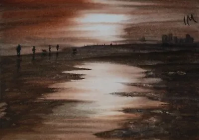 ACEO Original Painting Seascape Beach People Dogs Sunset Town Art Watercolour • £5