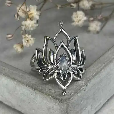 925 Sterling Silver Lotus Moonstone Statement Ring Boho Jewellery In Gift Box • $78.32