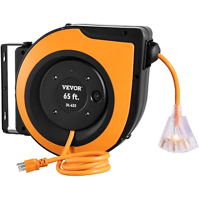 VEVOR 65ft Retractable Extension Cord Reel 12AWG/3C UL SJTOW Power Cord Reel • $98.99