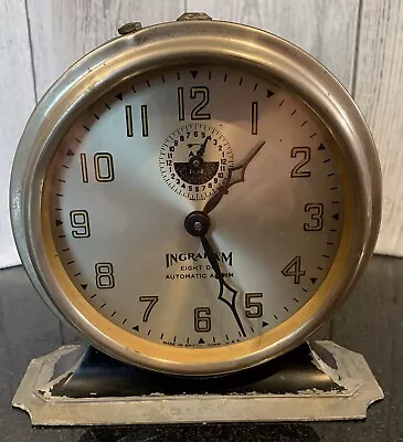 Vintage MCM Art Deco Ingraham 8 Day Alarm Clock FOR PARTS OR REPAIR • $42.44