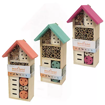 Hanging Wooden Insect Bug Bee Hotel House Natural Wood Shelter Box Roof Coloured • £8.99