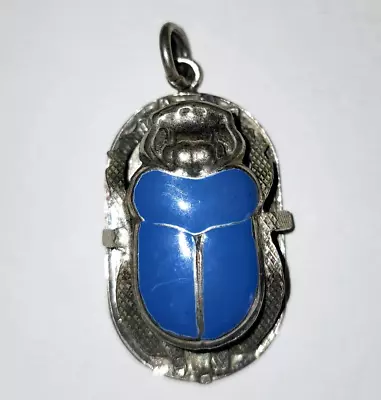 Vintage Egyptian Sterling Silver Hand Made Scarab Beetle Pendant 1.25  Tall • $25