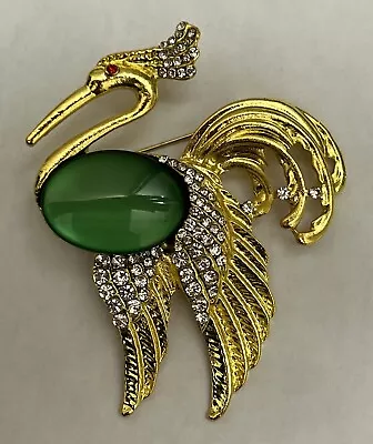 Parrot Peacock Bird Crystal Rhinestone Brooch Pin Swan Green Vintage Gold Tone • $10.99