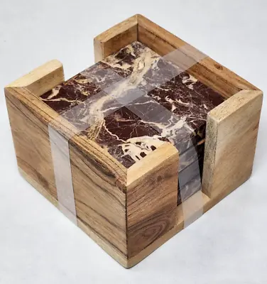Thirstystone Set Of 4 Cherry Marble Coasters With Wood Holder Square Brown • $26.99