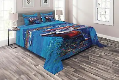 Maritime Quilted Coverlet & Pillow Shams Set Harbour By The Sea Print • $89.99