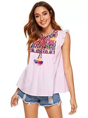 Floerns Womens Ruffle Striped Mexican Embroidered Babydoll Blouse Top Pink And • $7.99