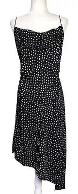 Vintage Slip Dress Black Dot Print Drape Neck Asymmetric Hem Midi Kathie Lee M • $29.99