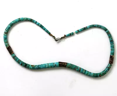 Vintage Turquoise Disc Indian Sterling Silver 925 Bead Necklace 17.75  Layer • $198