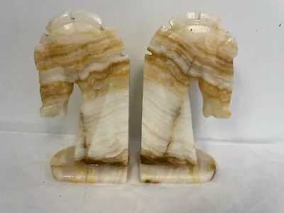 Horse Head Vintage Bookends Carved White/Yellow Onyx Rock Marble Stone #3 7 H • $30