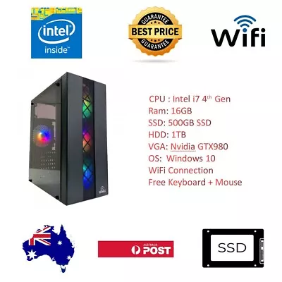 Gaming PC Desktop I7 4th Gen  16GB RAM 500GB SSD+1TB HDD 4GB GPU  WiFi  Win11 • $449