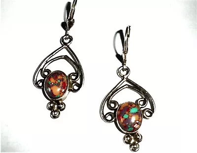 Incredible Sterling Silver Dangle Earrings Unique Muticolor Gemstone Lever-Back • $74