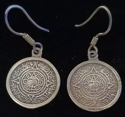 Vintage 925 STERLING SILVER 1 Inch Mayan Aztec Calendar Medallion Drop Earrings • $0.99