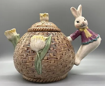 Vintage Bunny Ceramic Teapot CBK 2000 Tulip Basketweave Majolica Style Easter • $18.99