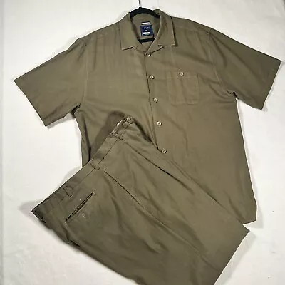 Trust Linen Casual Mens Walking Suit 2pc Short Sleeve Shirt Pants Set Army Green • $44.97