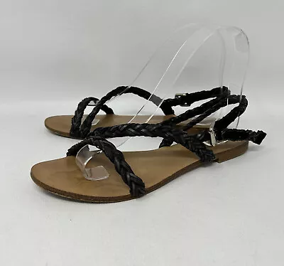 Zara Trafaluc Black Leather Braided Strappy Sandals Women’s Size 36 • $14.78