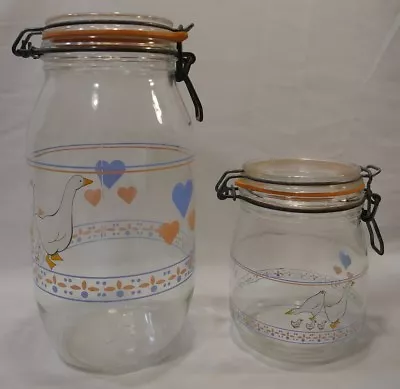 £21.27 • Buy Vtg Arc France Glass Bailing  Mason  Jar Canister 2 L & 3/4L Hearts & Geese (v)