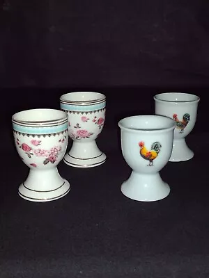 2 Pair Of Vintage White Porcelain Egg Cups Floral Gold Trim & Roosters • $16