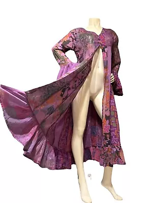 Vintage 70s Angel Bell Sleeve Lurex Patchwork Maxi Gypsy Medieval Gown Metallic • $68