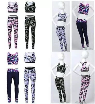 Girls Sports Outfits Gymnastics Tank Tops+Leggings Set Ballet Dancewear Clothes • £16.49