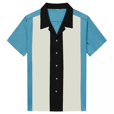 Men 50's Vintage Bowling Shirt Rockabilly Clothing  Short Sleeve Casual Shirts • $23.88