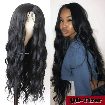 Long Black Synthetic Hair Wig Fashion Women Middle Part Loose Wavy Cosplay Wigs • $17.42