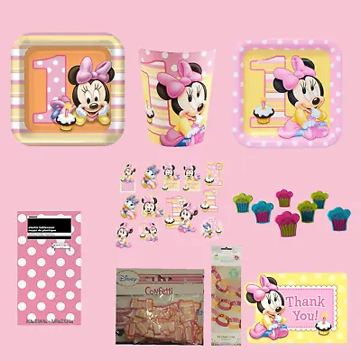 Baby Minnie Mouse Party Pack: Plates Cupcake Rings Confetti Cups Table Cover • $39.99