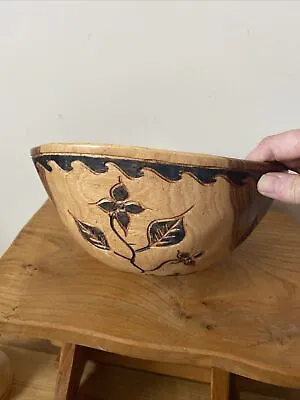 Beautiful Hand Carved Wooden Bowl Flowers Polished Salad Fruit Ethnic? Indian? • £15