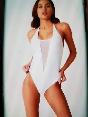 Ladies BNWT White Boohoo Swimsuit With Plunge Mesh Front Size 10 • £6.50