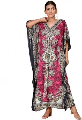 Kaftan Dress Loose Casual Boho Womens Maxi Dress Caftan Kimono Sleeve  Pink • $17.61