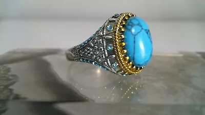 Mens Silver & Gold Plated Turquoius & Cubic Zirconia Ring Size 11 • $19.99