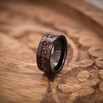 Hammered Dinosaur Bone & Meteorite Ring Unique Mens Wedding Band Wooden Box • $124.99