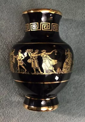 Vintage 4.5” Vase Urn Black Hand Made Greece W/ 24K Gold Decoration Marked “TP” • $19.99