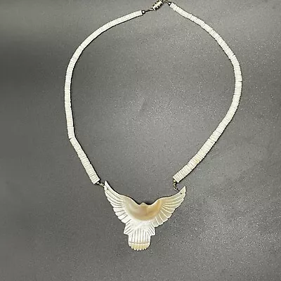 Vintage Necklace Puka Shell Beaded Carved Eagle On Mother Of Pearl Pendant ￼#37 • $8.04