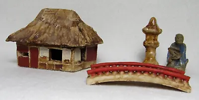 4 Vtg Miniature House Pagoda Mud Man & Bridge Chinese Bonsai Decor Zen Garden • $29.99