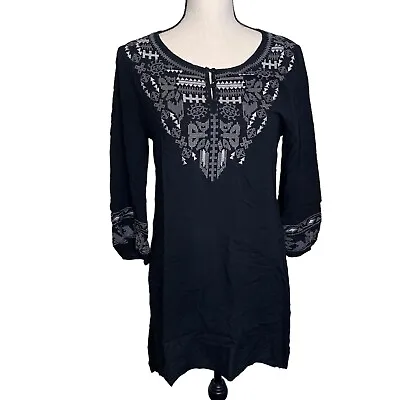 Monoreno Dress Womens Medium Black Embroidered Hankerchief Hem Pullover Sheer • $19.64