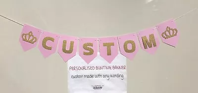 $9.50 • Buy Pink & Gold Princess Crown, Custom Personalised Wording Party Bunting Banner