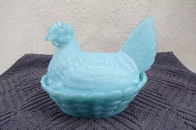 Vintage Glass Hen On Nest Chicken In Baby Blue Color Candy Dish • $34