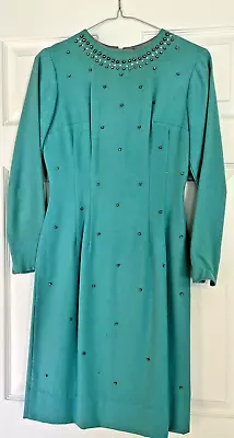 Vintage Beaded Small Fitted Sheath Dress Turquoise Wool  Long Sleeve  1960's • £14.48