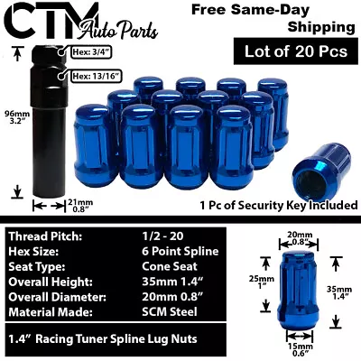 20x Blue 1.4  Tall 1/2-20 Spline Tuner Wheel Lug Nut + Key Fit Ford Models  • $20.99