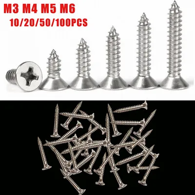 10/50/100PCS 304 Stainless Phillips Countersunk Head Tapping Screws Wood Screws • $10.99