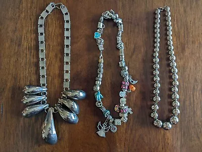 Vintage Jewelry Lot Of 3 Necklaces  Silver Tone Charms Large Silver Beads J1 • $19.99