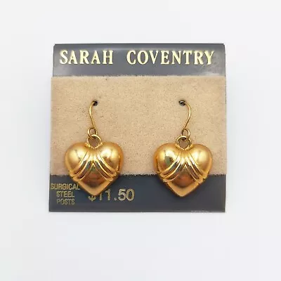 Vintage Sarah Coventry Gold Tone Heart Dangle Earrings Made In USA NOS • $9.99