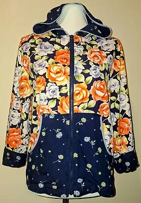 Passports 100% Silk Women's Sz M Blue/orange/yellow Rose Print Full Zip Hoodie • $29.85