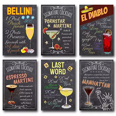 Bar Signs Cocktail Poster Home Retro Metal Wall Tiki Kitchen Drinks Recipe Cards • £8.99