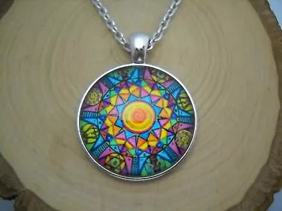 Colorful Mandala Cabochon Glass Pendant With Silver Chain Necklace Jewelry • $7.95