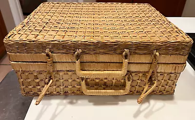 Vintage Rattan Picnic Wicker Basket Suitcase Style Cotton Blue Gingham Lined • $25