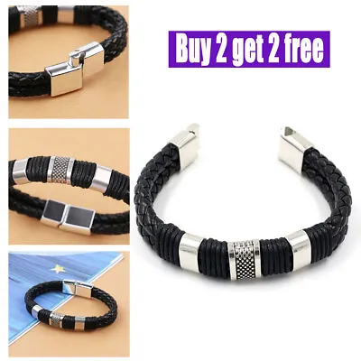 Men High Quality Fashion Leather Bracelets Bangle Magnetic Clasp Wrap Wristband • £3.49